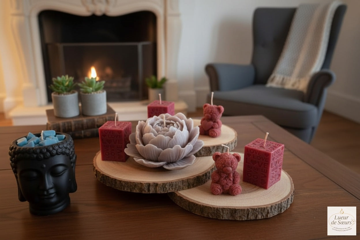 Décoration romantique avec bougies artisanales en forme de fleurs et oursons sur une table en bois