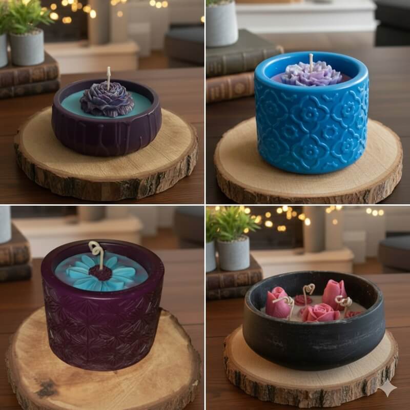 Quatre modèles de bougies artisanales colorées avec pots et fleurs en cire, personnalisables par Lueur de Sœurs.