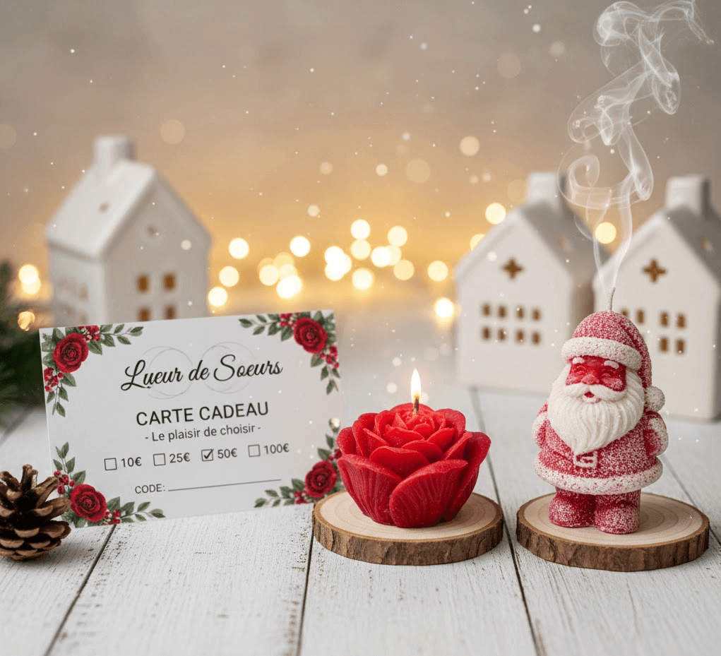 Carte cadeau de Noël Lueur de Sœurs pour offrir des bougies artisanales et décorations d'intérieur.
