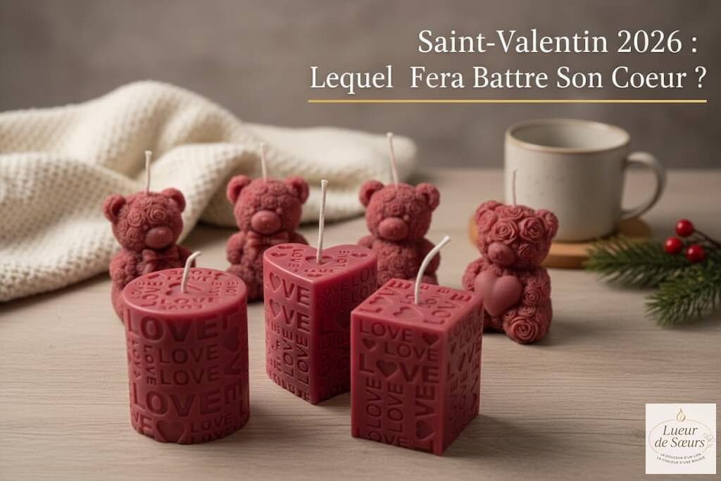 Mise en scène de bougies artisanales Lueur de Sœurs pour la Saint-Valentin : au premier plan la Trilogie d'Amour (cube, cylindre, cœur gravés LOVE) et au second plan le Trio d'Oursons sculptés, dans une ambiance cocooning