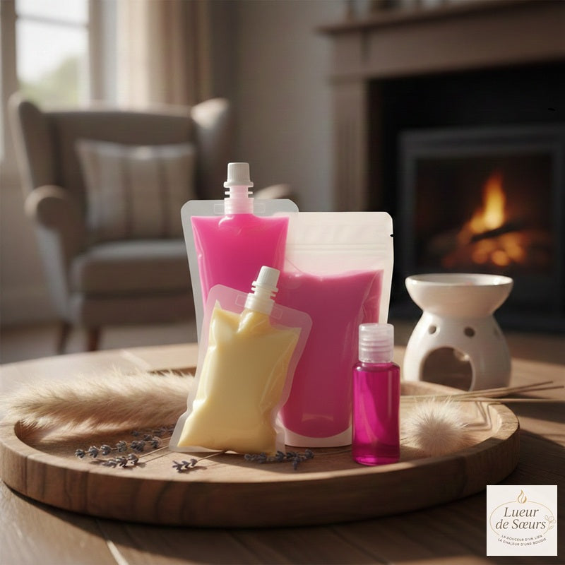 Duo de crème de parfum en gourde rose et flacon d'élixir parfumé artisanal pour brûle-parfum.