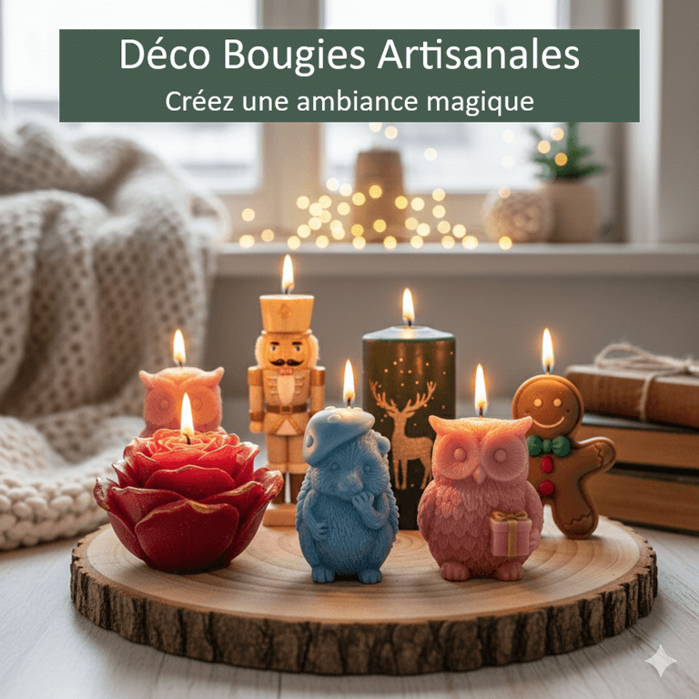Composition décorative de bougies artisanales moulées : bonhomme de neige, rose, renne, casse-noisette, ange et hérisson sur un plateau en bois.