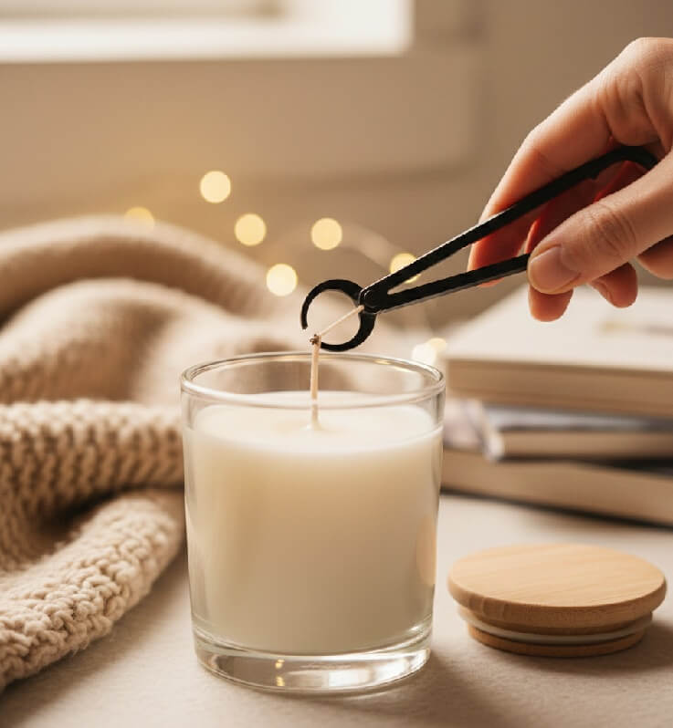Une main coupant la mèche d'une bougie artisanale avec des ciseaux pour un bon entretien.