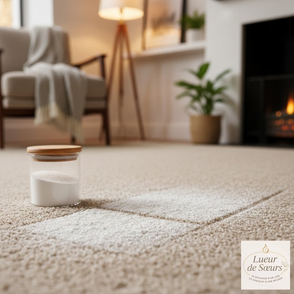 Poudre parfumée artisanale pour aspirateur et tapis sur un sol propre.