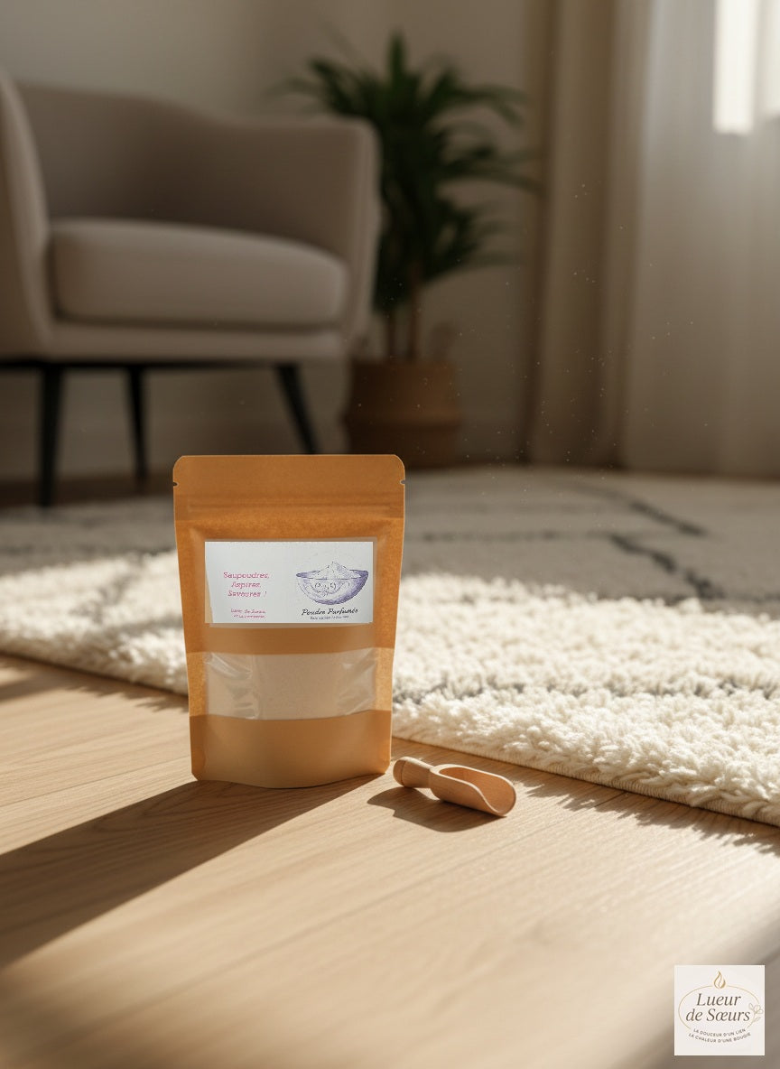 Sachet de poudre parfumée artisanale Lueur de Sœurs pour aspirateur et textiles.