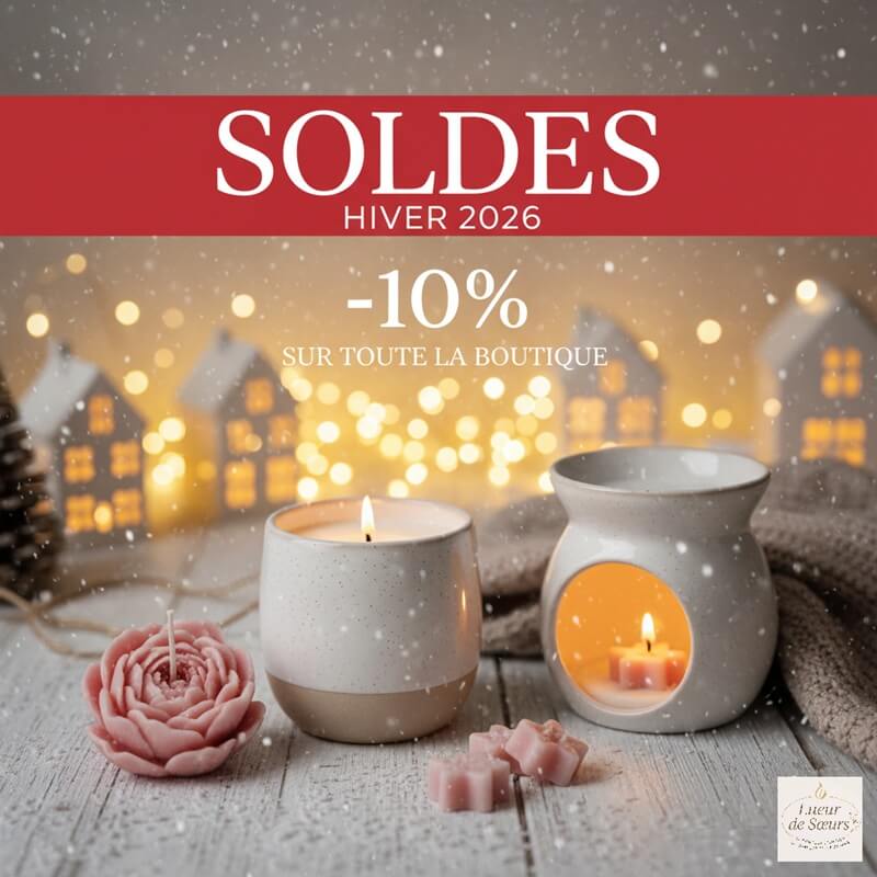 Affiche de soldes hiver 2026 pour les bougies Lueur de Sœurs offrant 10% de réduction.
