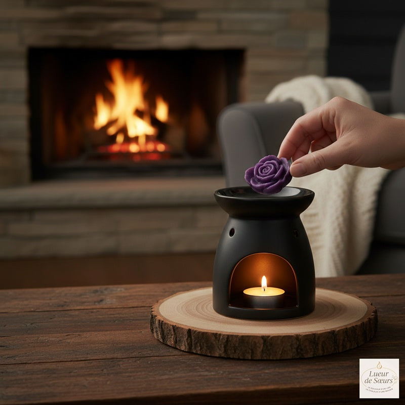 Mise en scène d'un brûleur de parfum avec un fondant en cire en forme de fleur