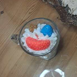 Bougie artisanale présentée comme un petit café espresso avec une chantilly de cire onctueuse et des décors de cire, dans une petite tasse en verre réutilisable vue de haut.