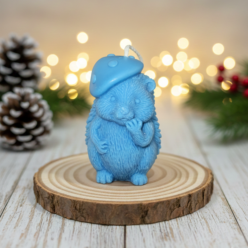 Bougie artisanale en forme de hérisson bleu pastel, coulée à la main. Objet de décoration tendre et poétique pour chambre d'enfant ou ambiance cocooning.