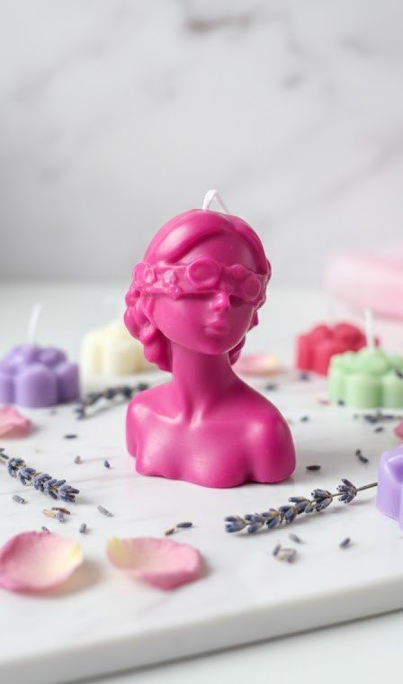 Bougie rose artisanale en forme de buste de femme aux courbes délicates, style sculpture antique et minimaliste pour décoration d'intérieur.