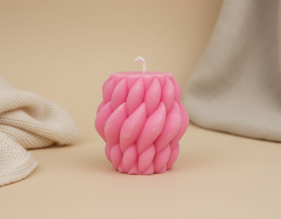 Bougie artisanale rose en forme de spirale sculptée, design géométrique et épuré, idéale pour une décoration d'intérieur moderne et minimaliste.