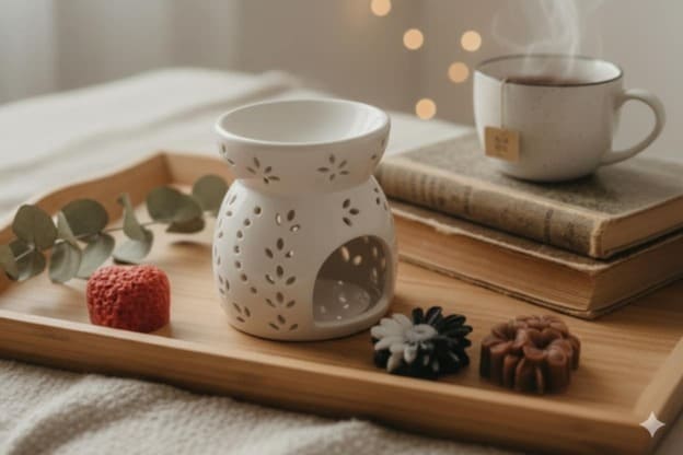 Ensemble de luxe comprenant un brûleur en porcelaine blanche et trois grands fondants de cire sculptés (frangipanier, marguerite, cœur) pour une décoration raffinée.