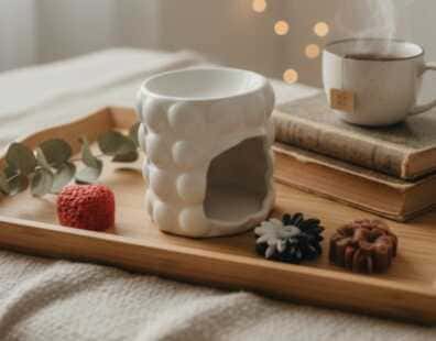Coffret cadeau comprenant un brûleur de parfum en céramique blanche et trois grands fondants de cire sculptés en forme de fleurs et de cœur, artisanat français.