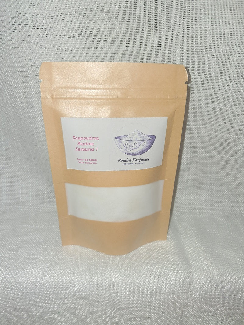 Sachet de 100g de poudre de senteur artisanale pour aspirateur et textiles, neutralisateur d'odeurs naturel.